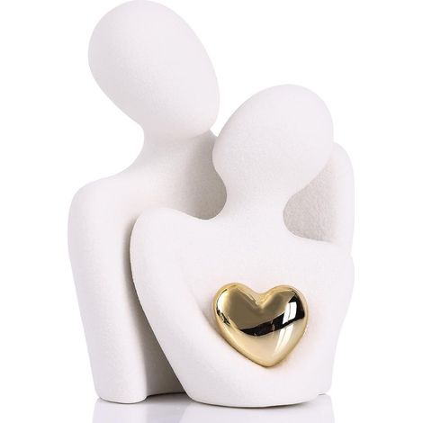 Figura de pareja romántica en cerámica blanca, 8 cm, escultura abstracta con corazón dorado, figura de amor para decoración de sala de estar/dormitorio, regalo de San Valentín, aniversario, boda (8 cm (1/5)