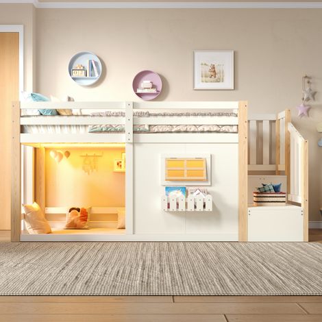 Lit mezzanine enfant 90x200 cm, escalier avec 2 rangements, fenêtre, éclairage LED multicolore, barrières de sécurité, cadre en pin, naturel et blanc (1/5)