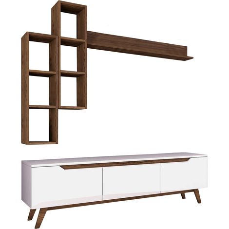 Mur TV avec étagères et niches ouvertes blanc et naturel Sirio (1/5)