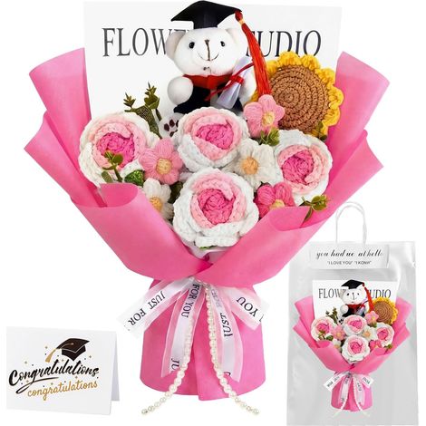 Bouquet de fleurs au crochet - Ensemble cadeau fait à la main avec sac cadeau et carte de vœux - Bouquet de roses et tournesols artificiels pour remise de diplômes et anniversaires (1/5)