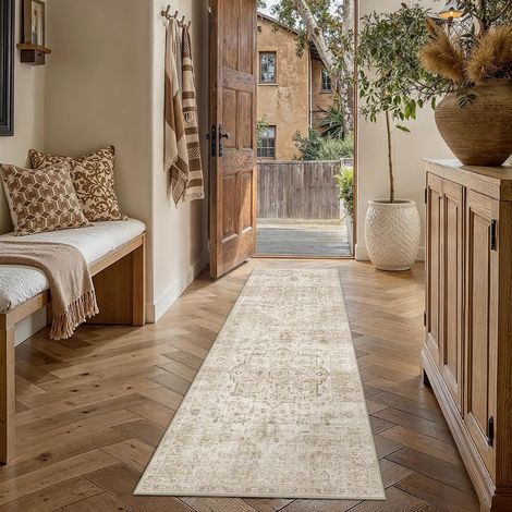 Vintage Tapis Couloir Beige Lavable en Machine Long 60x180cm Rugs (1/5)