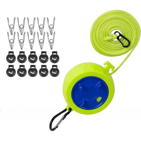 Corde à linge rétractable de 10m, lot avec 10 boucles fixes et 10 pinces coupevent, idéale pour voyages et camping. (1/5)