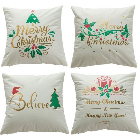 Hengweiuk Set of 4 Square Cushion Covers in Soft Velvet and Fleece with Christmas Pattern, 45 x 45 cm, Cotton, Christmas C, 18 x 18 inches (1/5)