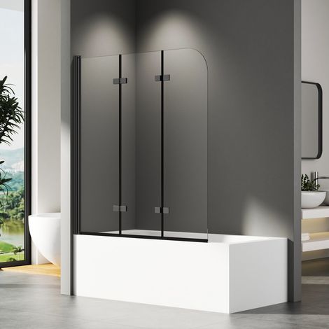 Schwarz Duschwand für Badewanne 140x140 cm Badewannenaufsatz 3-teilig Duschtrennwand für Badewanne Duschwand Badewanne Faltwand Duschabtrennung Badewanne, 6mm ESG Glas