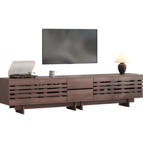 Meuble TV bas moderne pour téléviseur jusqu’à 80 pouces, 2 tiroirs, 4 portes, 6 niches, finition bois foncé, 200 x 39,5 x 55 cm pour salon CHICFURN (1/5)