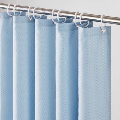Cortina de ducha grande, antimoho, de poliéster, impermeable, gruesa, lavable, para bañera, 12 ganchos, con peso, larga, azul niebla, estampado de gofre, 180 x 200 cm. (1/5)