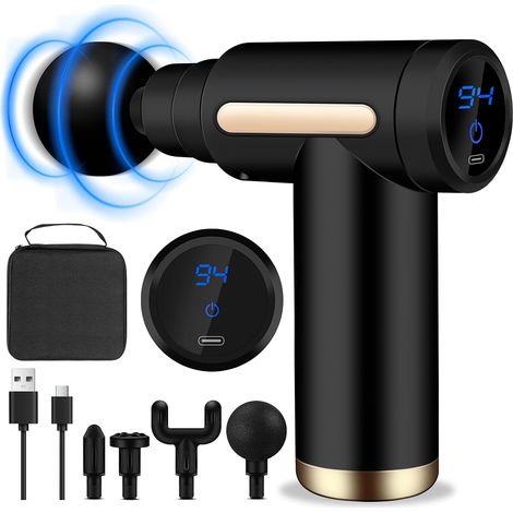 Mini pistola de masaje muscular, pistola de masaje ultra silenciosa, 6 velocidades, 4 cabezales de masaje, pantalla LCD, masajeador eléctrico portátil para aliviar el dolor muscular. (1/5)