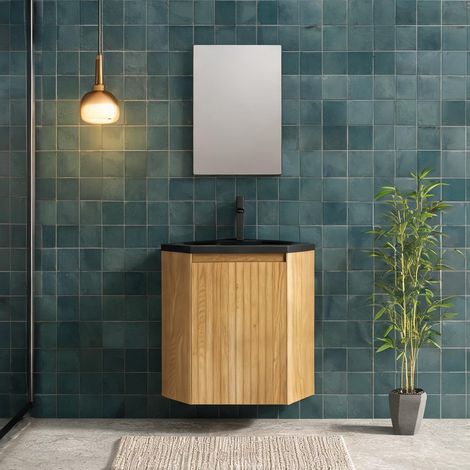Meuble vasque d'angle contemporain en résine et bois 54,5 x 38,5 (1/5)