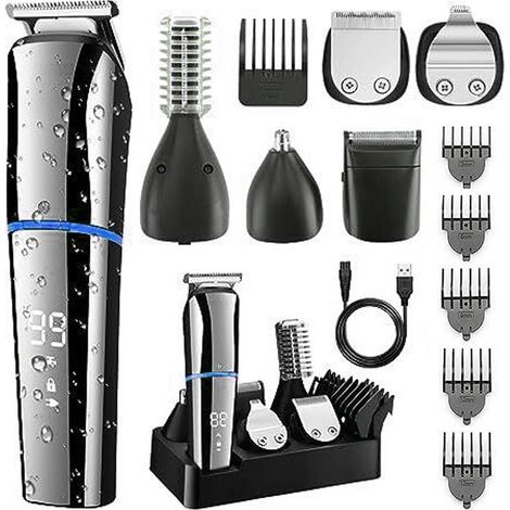 Kit tondeuse à cheveux rechargeable 6 en 1, rasoir électrique USB, tondeuse nez avec affichage numérique, étanche, pour les soins personnels des hommes. (1/5)