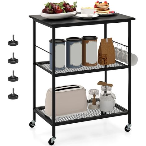 COSTWAY Kitchen Serving Rolling Carts 3 Tier Storage Shelves Island Cart-Black (1/5)
