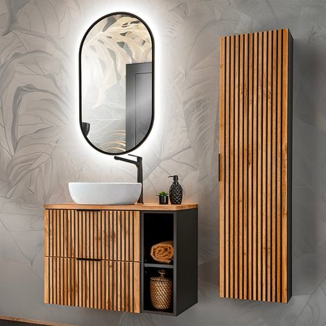 Ensemble meuble simple vasque 80cm 2 niches et colonne Gaia Bois et Noir (1/5)