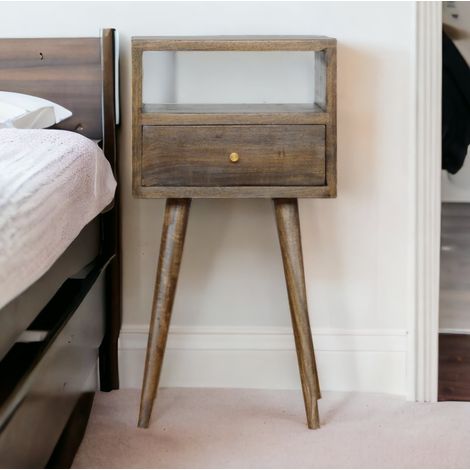 Table de chevet scandinave en bois massif brun effet grey washed, 1 tiroir et 1 niche ouverte