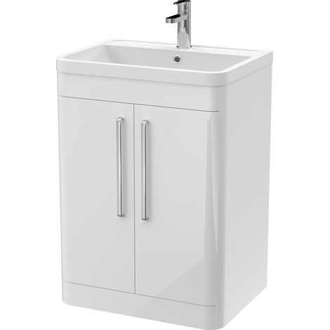 Balterley Aldershawe Contemporary Bathroom Floor Standing 2 Door Vanity Unit & Polymarble Basin, Gloss White, 600mm