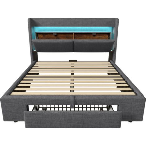 Polsterbett 160x200 cm aus grauem Leinen mit Kopfteil, LED, USB und USB-C (1/5)