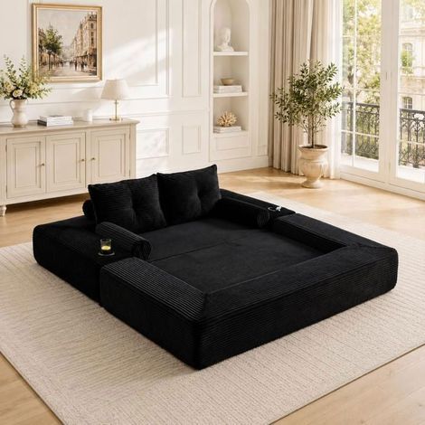 Canapé convertible - SOGEU - Lit banquette 2 places - Velours côtelé noir - 180x98x80 cm - Mousse haute densité 30D (1/5)