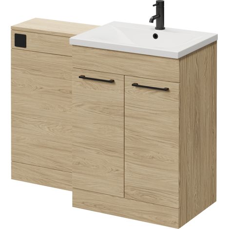 Napoli 460 Light Oak 1100mm 2 Door Vanity Unit Toilet Suite with Glide Basin - 1100mm - Matt Black 160mm HandleWithout Kingston Toilet Pan