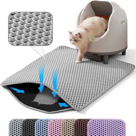 Alfombrilla para arenero de gato, 60x45cm, color gris, estructura de doble capa tipo panal, captura eficaz de la arena, lavable, duradera y resistente a los arañazos, antideslizante. (1/5)