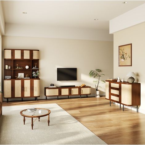 Set mobili soggiorno con mobile TV, credenza e armadio alto in MDF effetto noce (1/5)