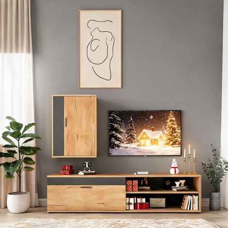 Ensemble meuble TV chêne et noir 140 cm avec meuble mural oak (1/5)