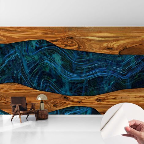 Papier peint autocollant adhésif installation rapide du papier peint durable et résistante Bois bleu 416x254 cm (1/5)
