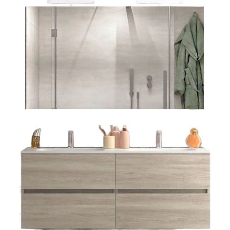 Mobile da Bagno Sospeso con Lavabo 120 cm 2 Vasche e Specchio Bali Light Double Rovere Naturale (1/2)