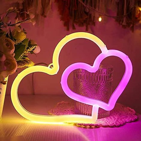 Panneau Lumineux En Forme De Coeur - Néon LED Flexible En PVC - Alimentation Sur Piles AA Ou USB - Décoration Murale Pour Chambre Salon Fête - 1 Pièce (1/5)