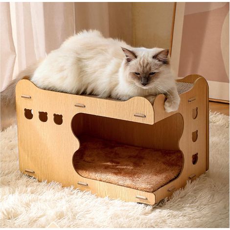 Griffoir pour Chat,Griffoir Carton Chat,1 Maison pour Chat, équipé, d'un Coussin en Peluche Pure.(45 30 28CM) (1/5)