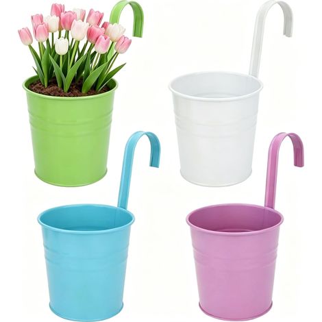 Lot de 4 pots de fleurs suspendus avec trou de drainage, pot de fleurs en métal avec crochet amovible, pots suspendus pour plantes, style vintage, décoration, balcon, jardin, mur, clôture (1/5)