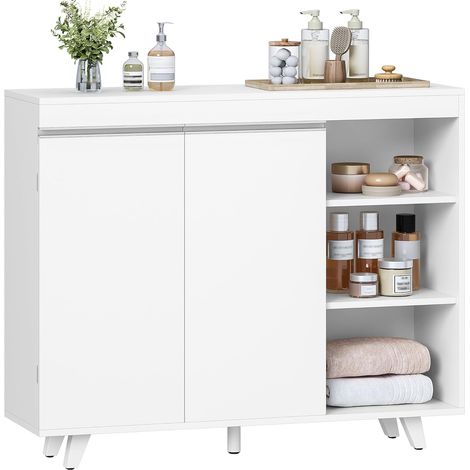 Mobile da Bagno, Armadio di stoccaggio, Mobile da cucina, con 3 Ripiani Aperti Regolabili e 2 ante, moderno, per Bagno, Soggiorno, Ingresso, Cucina, Bianco (1/5)