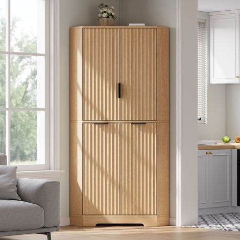 Meuble d’angle armoire de rangement avec 4 portes et étagères réglables, placard d’angle pour cuisine, salon et salle à manger design rainuré Naturel