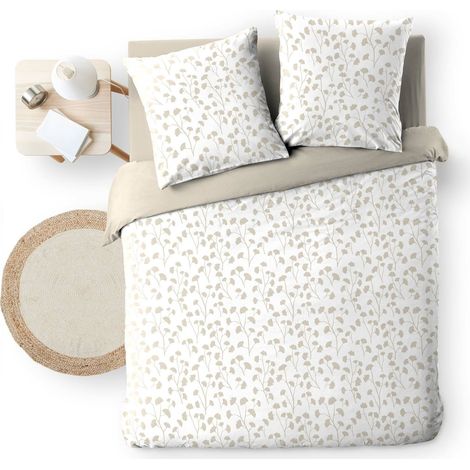 Housse de couette 240 x 220 cm VIOLETTEA + 2 taies – Coton 57 fils – Motif végétal – Naturel