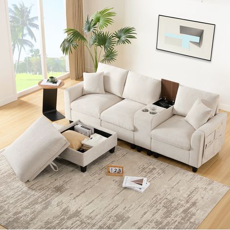 Ecksofa Cord Beige 229x149,5x83 cm mit Hocker, Stauraum, USB-Anschlüssen und Becherhaltern (1/5)