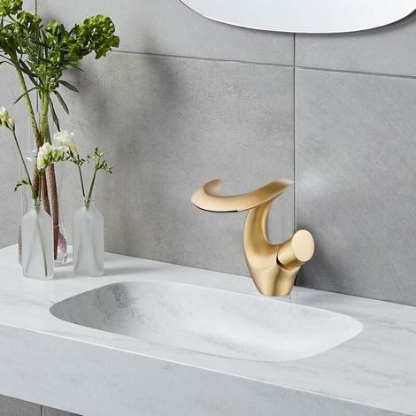 Robinet lavabo cascade or brossé – Mitigeur un trou en laiton – Design moderne élégant – Facile à installer – Salle de bain design