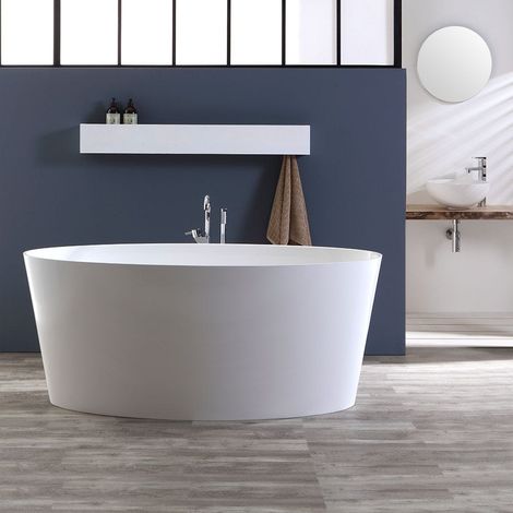 Kiamami Valentina – Baignoire ilot autoportante Veronica – Marbre reconstitué blanc brillant – Longueur 158cm – Capacité 400 litres – Profondeur 71,8cm (1/5)