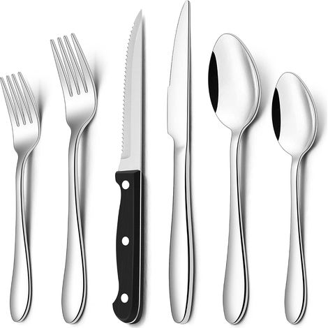 Couverts de Table, Lot de 36 Couverts en acier Inoxydable avec Couteaux à Steak, set de couverts avec fourchette, couteau, cuillère pour 6 Personnes (1/5)