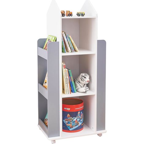 Libreria Girevole ROCKET a 360° con 4 Livelli, in Legno, per Libri e Giochi, Bianco/Grigio (1/5)