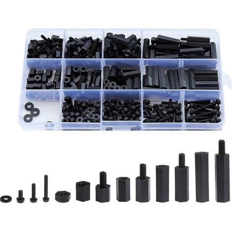 Kit d'assortiment de 320 vis et écrous hexagonaux en nylon M2 mâles et femelles (noirs) (1/5)
