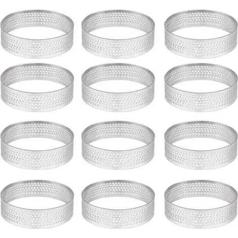 12 Pièces - Anneau à Tarte - 6×2 cm - Argent - Rond perforé - Acier inoxydable - Moule à pâtisserie - Anneaux à Biscuits - Moules à Mousse - Anneau à Tarte - Convient pour la cuisson de desserts (1/5)