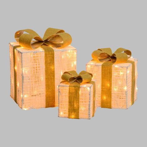 Lot de 3 Paquets Cadeaux 3D lumineux H25 20 15cm LED ambré fil tressé crème et marron Lotti (1/5)
