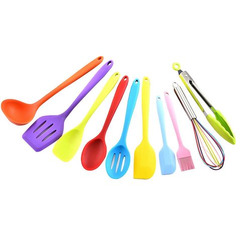 Silikon-Küchenhelfer-Set, 10-teilig, hitzebeständig, antihaftbeschichtet, Löffel, Spatel, Schöpfkelle, Kochutensilien, Dinne-Mehrfarbig