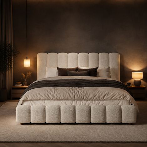 Letto contenitore 180x200 cm in bouclé bianco per camera, senza materasso FloraGrace (1/5)