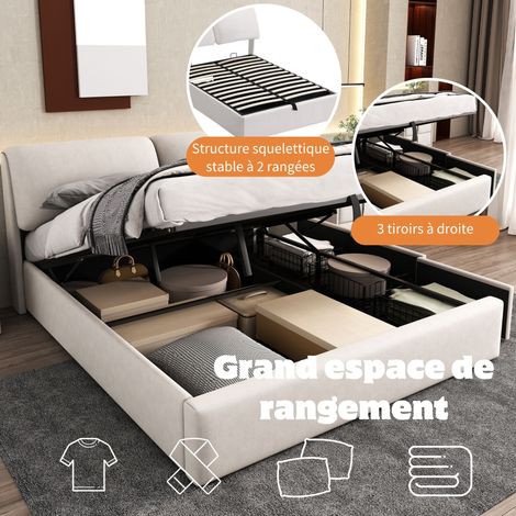 Lit coffre hydraulique 140x200, sommier à lattes avec tête de lit, trois tiroirs de rangement, velours beige, sans matelas (1/5)