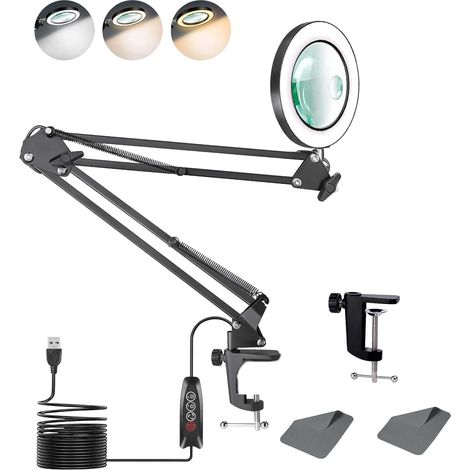Lampe de Bureau Loupe 10X 15X et LED, Lampe Loupe Sur Pied avec 3 Modes de Couleurs et 10 Niveaux de Gradation, Lampe Eclairante avec Bras Pivotant Réglable Pour Lire et Travailler (1/5)