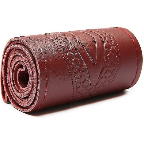 Housse de volant universelle en cuir véritable gaufré, style tendance, 37-38 cm, en cuir de vachette tressé avec fil à aiguille - Rouge vin (1/4)