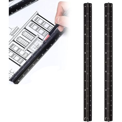 Lot de 2 règles triangulaires en aluminium – 15 cm – Échelle 1:20 à 1:150 – Pour dessins techniques et plans de construction – Noires (1/5)