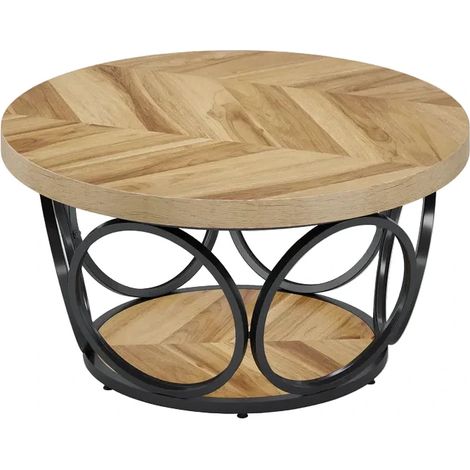 Runder Couchtisch mit 2 Ebenen aus Metall und Holz, 80 cm, Schwarz und Braun (1/5)