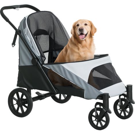 PawHut cochecito para perros plegable con ruedas grandes correas de seguridad marco amortiguador cojín lavable 124x67x100 cm gris (1/5)