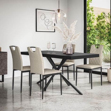 Donni Dining Table And Chairs - Black Table Top w Black Legs + Monza Linen Dining Chair Set Of 4 (Beige) (1/5)