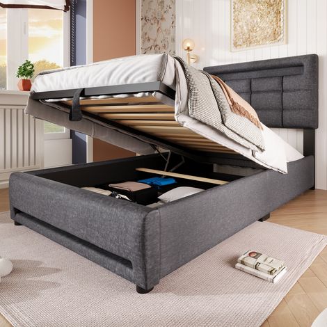 Cama individual 90x200cm cabecero acolchado cuadrado iluminación LED 16 colores tejido lino gris (Sin colchón) (1/5)