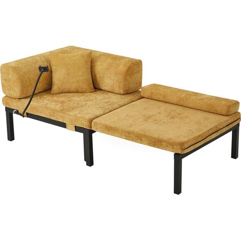 Sofá cama plegable individual de madera con tapizado de terciopelo amarillo (1/5)